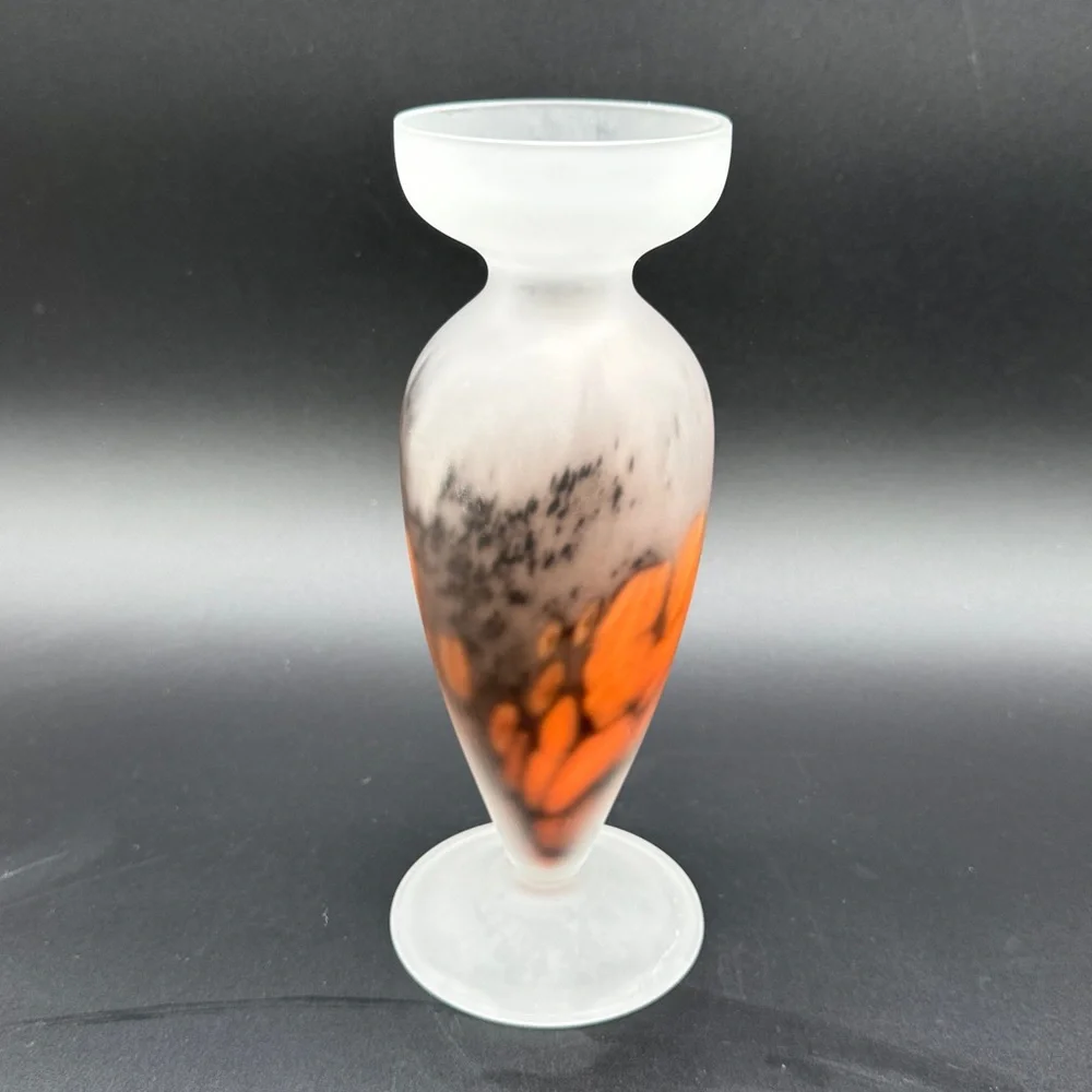 Tarnowiec Frosted Glass Orange and Black Vase Hand Blown Art Glass 10